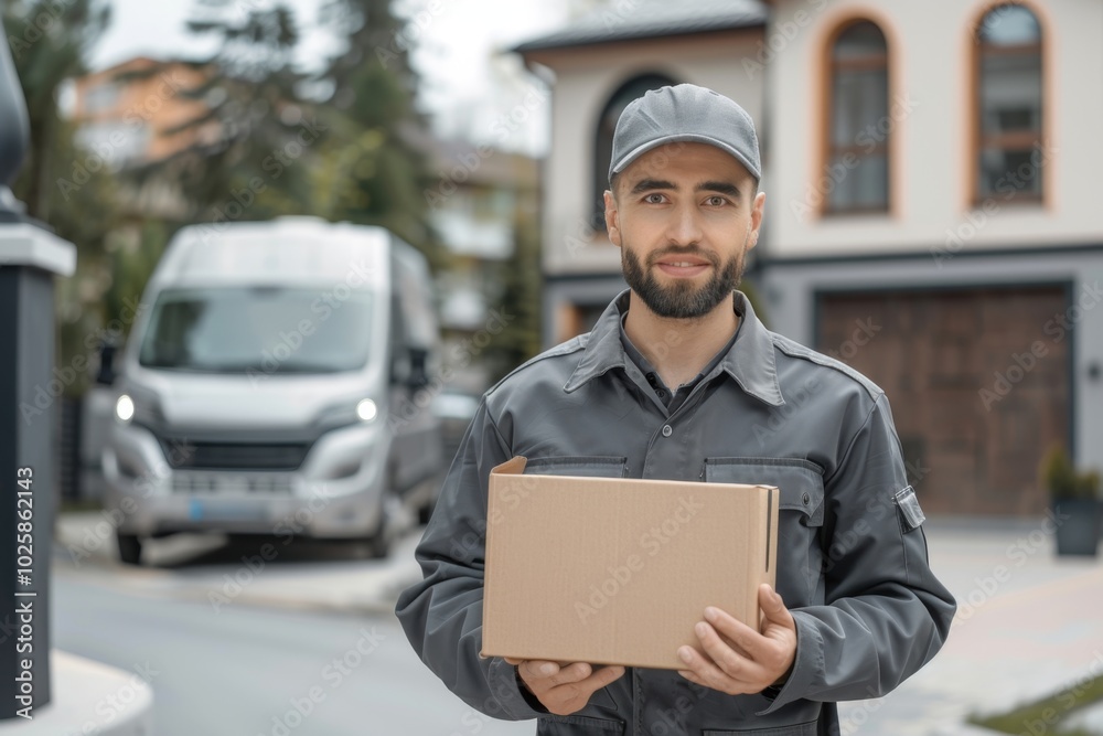 handsome man in gray uniform holding blank cardboard parcel, delivery man standing in front of the house, gray delivery truck on road in the background. ai generated handsome man in gray uniform holding blank cardboard parcel, delivery man standing in front of the house, gray delivery truck on road in the background. ai generated
