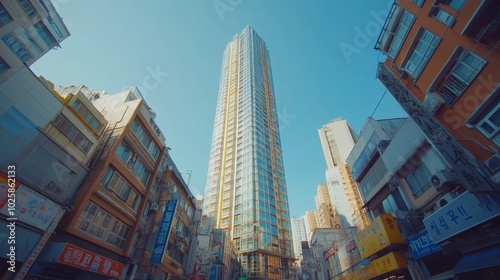 High-rise glass building seen from below in busan, wide angle, 4k,