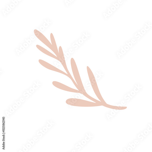 Simple hand drawn brown branch with round smooth leaves. Floral design element isolated on white background. Vector illustration