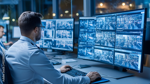 Male security guard officers working with computer screens in the central office, Control and Monitoring for managing security.