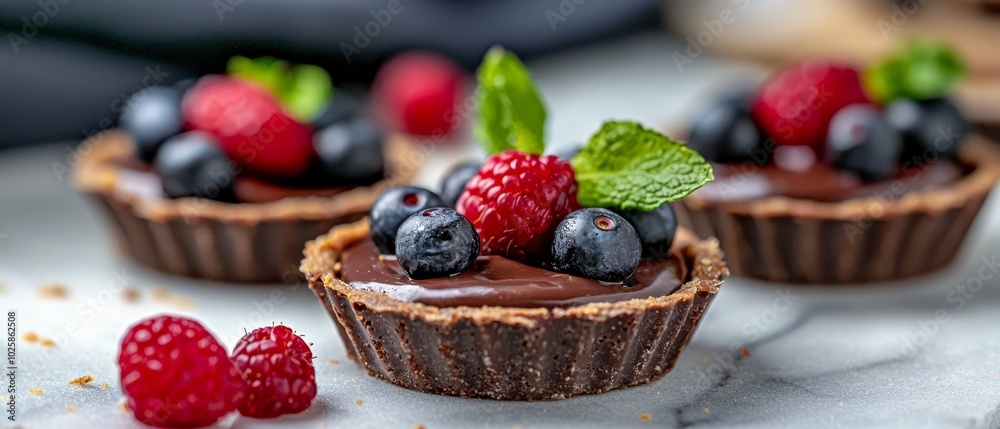 A chocolate tart, garnished with berries, mint, and additional fruit, sits atop a marble surface A chocolate tart, garnished with berries, mint, and additional fruit, sits atop a marble surface