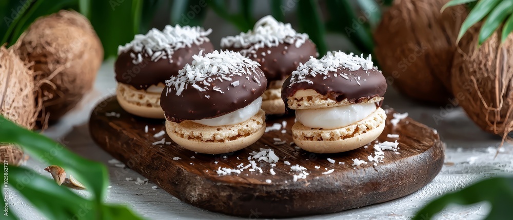 chocolate-covered donuts, each boasting white frosting and a showering of coconut chocolate-covered donuts, each boasting white frosting and a showering of coconut