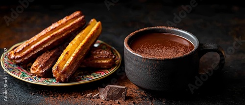  A plate of chocolate churros next to a mug of hot chocolate Extra chocolate chunks on the side