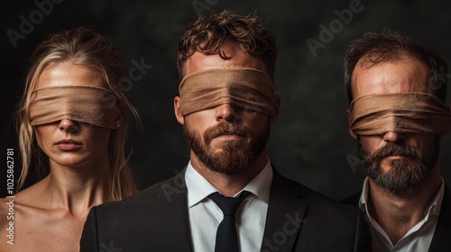 Three people wearing formal attire with blindfolds, standing in a lineup illustrating concepts of mystery and secrecy with an enigmatic expression on their faces.