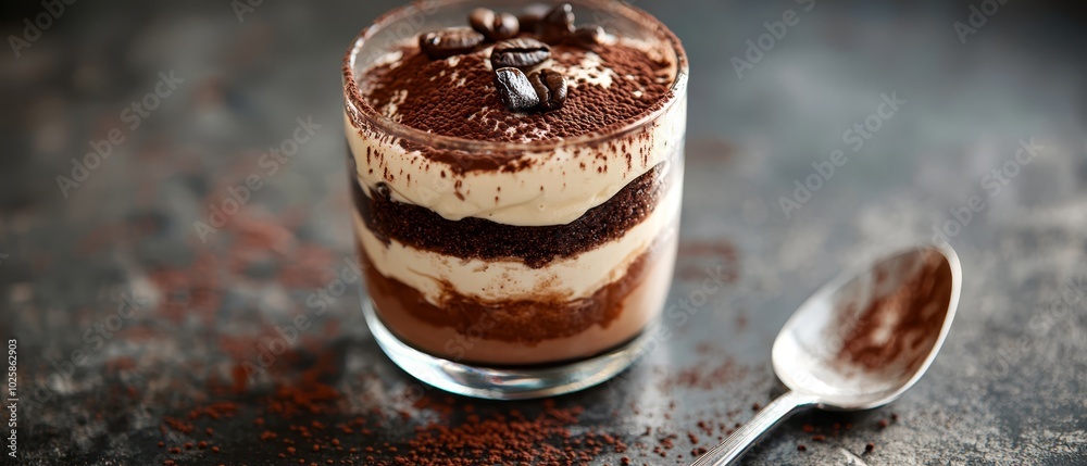 A tight shot of a dessert in a glass on a table, accompanied by a spoon and a spoon rest nearby A tight shot of a dessert in a glass on a table, accompanied by a spoon and a spoon rest nearby
