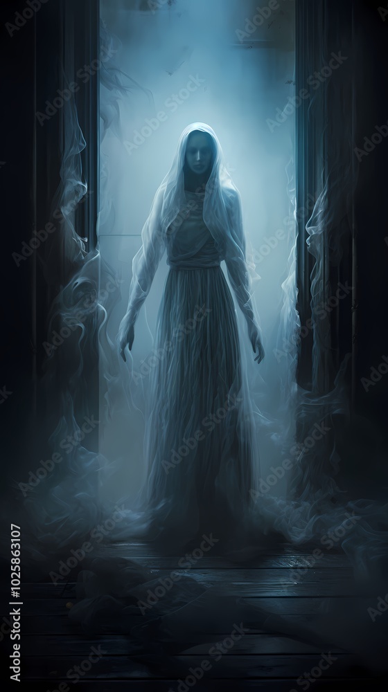 Fototapeta premium spectral figures in veils create a haunting and mysterious atmosphere.
