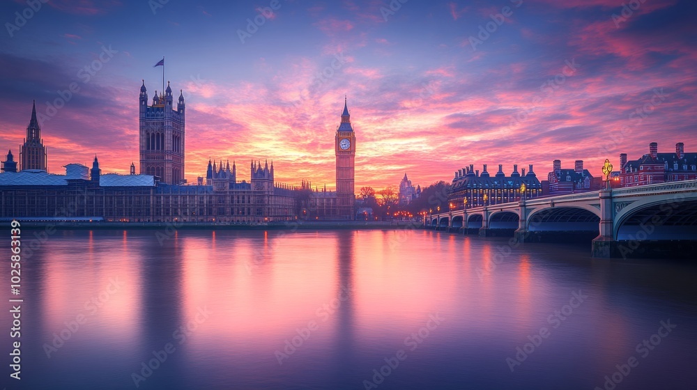 Fototapeta premium London's iconic big ben skyline and the surrounding area, front view with building reflection on water
