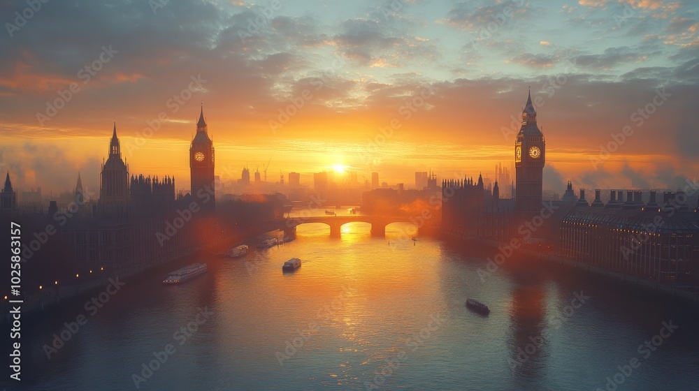 London's iconic big ben skyline and the surrounding area, front view with building reflection on water London's iconic big ben skyline and the surrounding area, front view with building reflection on water