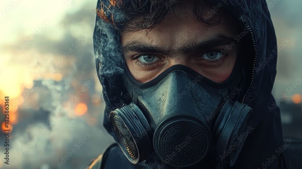 Man in a factory with smoke in the background wearing a protective mask and respirator close up facing the camera 8k Man in a factory with smoke in the background wearing a protective mask and respirator close up facing the camera 8k