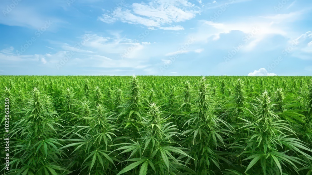 A lush growing marijuana field stretches under a bright sunny sky A lush growing marijuana field stretches under a bright sunny sky