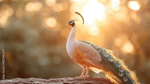 A stunning white peacock with a regal crown under warm sunlight, showcasing its iridescent feathers in a natural setting, creating a serene, ethereal scene. photo