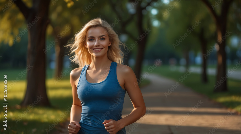 A beautiful smiling blonde girl running in the park A beautiful smiling blonde girl running in the park