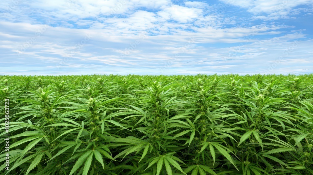 A lush growing marijuana field stretches under a bright sunny sky