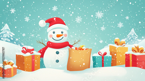 snowman surrounded by snow covered landscape, gift boxes and huge sack in pastel blue background