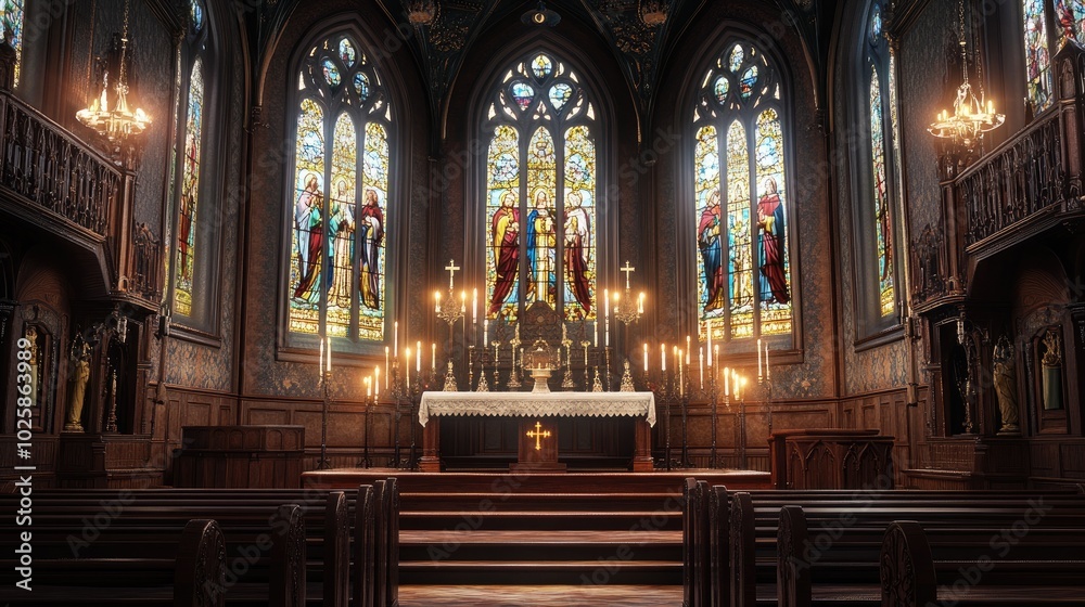 Fototapeta premium A Victorian chapel with tall stained glass windows depicting biblical scenes