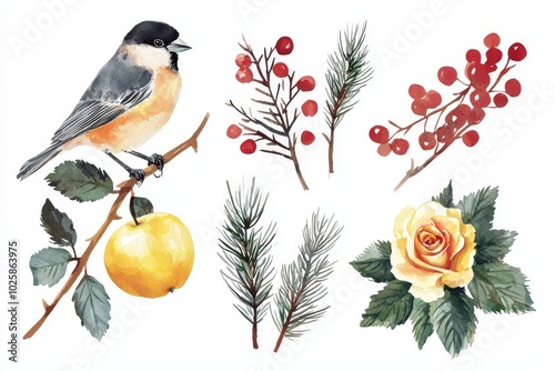 An isolated watercolor set of natural elements with roses, apples, wildflowers, pine branches, and a bullfinch bird on a white background photo