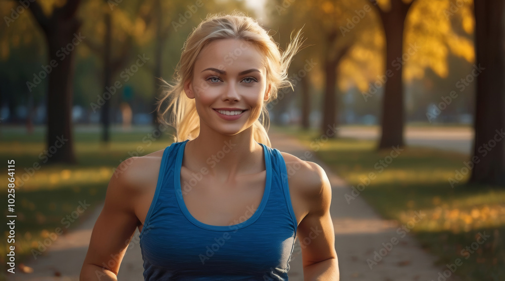A beautiful smiling blonde girl running in the park A beautiful smiling blonde girl running in the park