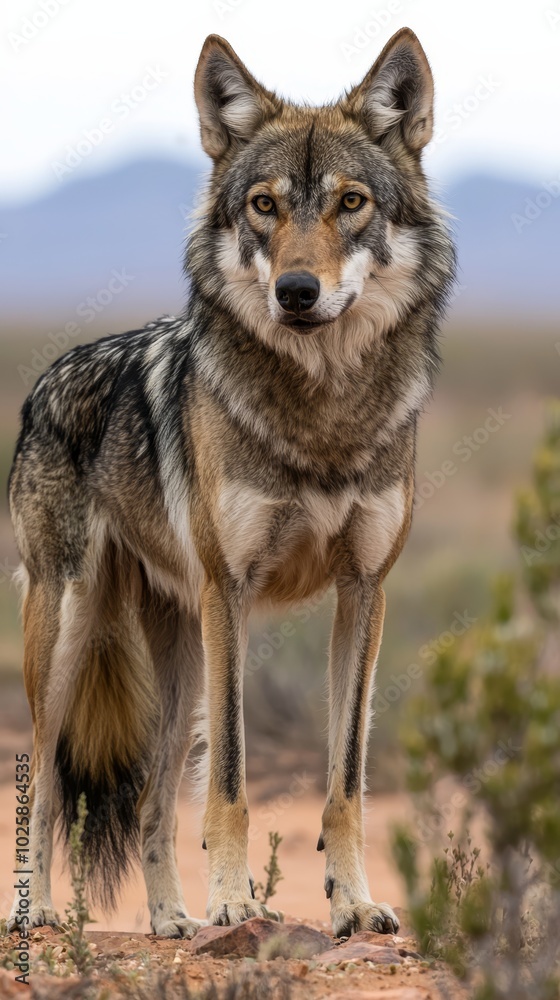 Obraz premium A gray and black wolf atop a dirt mound, near grassy expanse and shrubbery