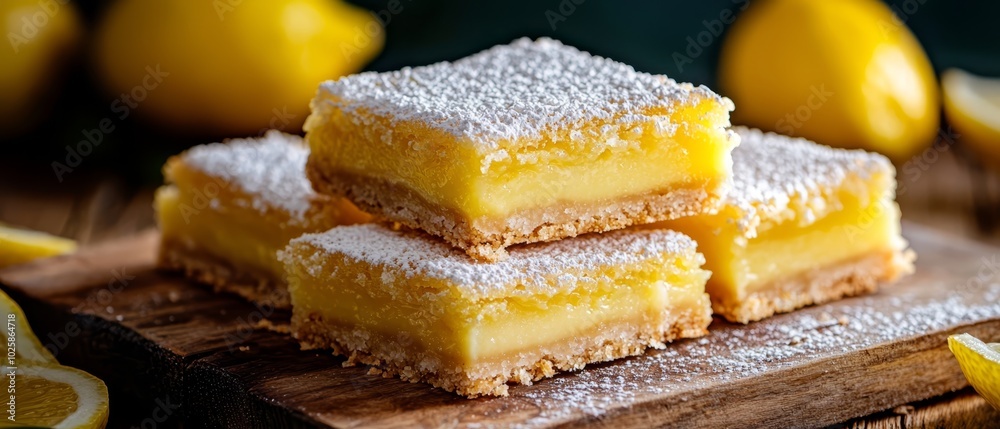 A wooden cutting board holds a stack of lemon bars, beside it, a mound of sliced lemons lies A wooden cutting board holds a stack of lemon bars, beside it, a mound of sliced lemons lies