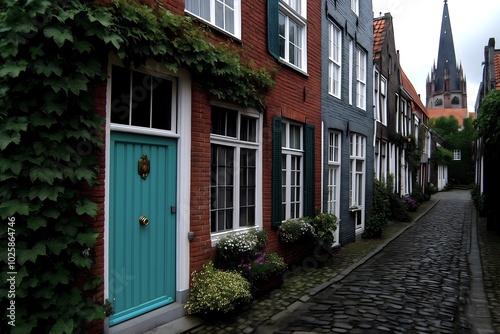 European village street, untouched by time. Cobblestone paths wind between historic homes with their shuttered windows, Ivy climbs the rustic stone walls, painted facades.