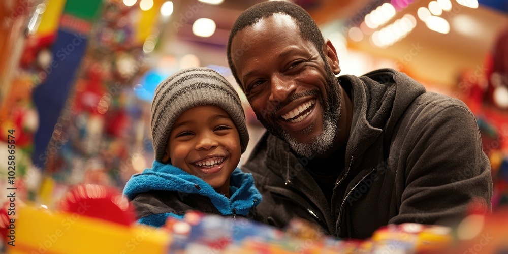 A father and son smiling as they browse toys in a department store, with bright holiday decorations, colorful wrapping paper, and gift boxes all around. A father and son smiling as they browse toys in a department store, with bright holiday decorations, colorful wrapping paper, and gift boxes all around.