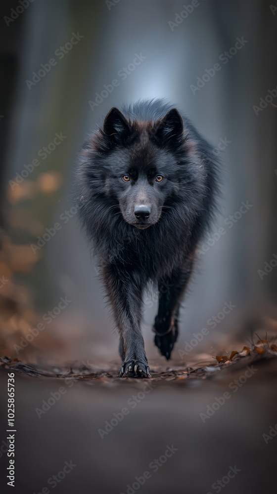 A tight shot of a dog traversing a forest path Trees loom large in the background Foreground is populated with leaves A tight shot of a dog traversing a forest path Trees loom large in the background Foreground is populated with leaves