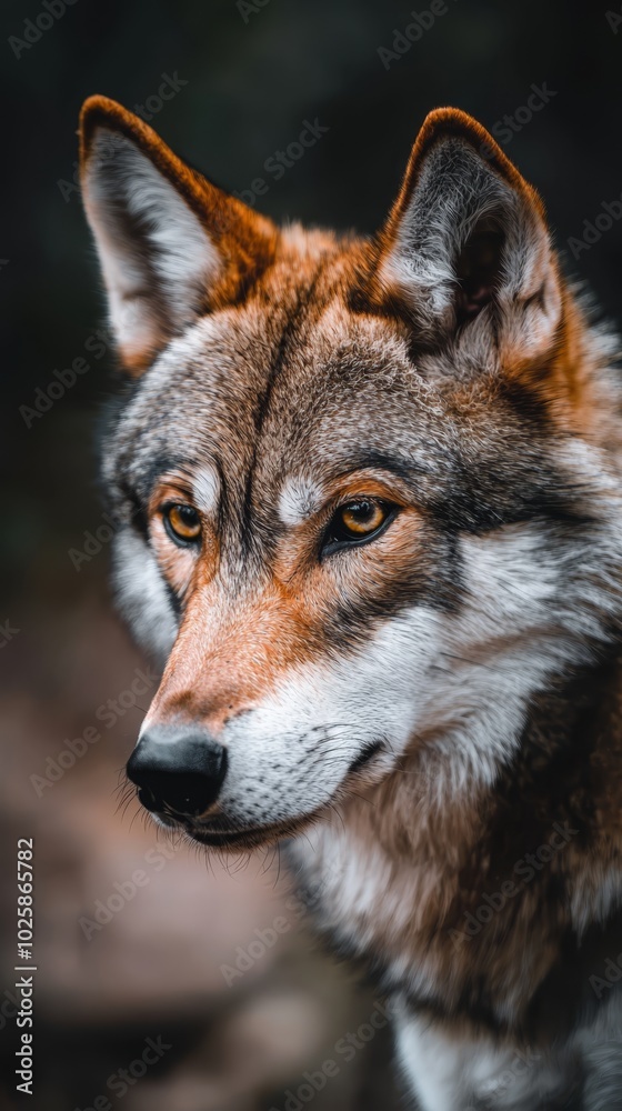 A tight shot of a wolf's intense face against a blurred background A tight shot of a wolf's intense face against a blurred background