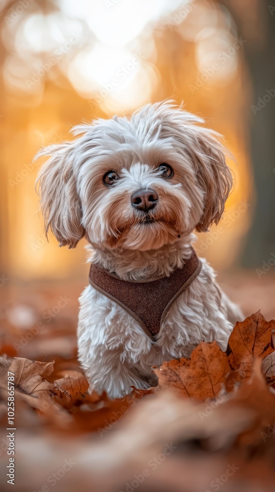  A small white dog wearing a bandana sits in a leafy pile, gazing up at the camera