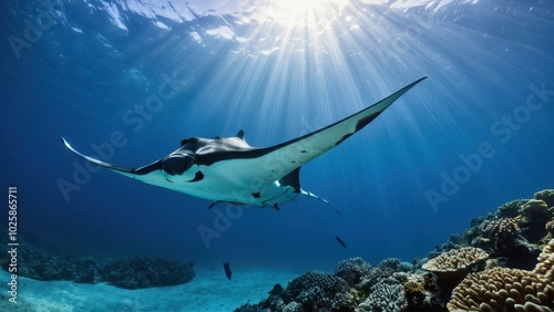 Beautiful image of a mantarraya (stingray) swimming in crystal-clear waters above a coral reef, with sunlight streaming through the ocean. Ideal for nature, marine, and underwater photography themes