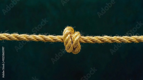 An up-close view of a knotted rope against a dark background.