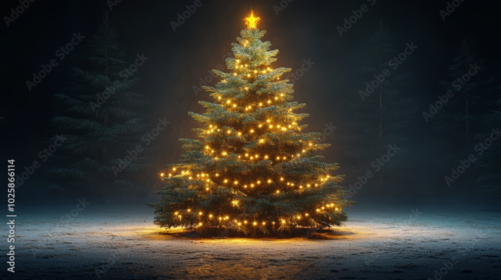 realistic 3d Christmas tree, in a dark background, shining lights realistic 3d Christmas tree, in a dark background, shining lights