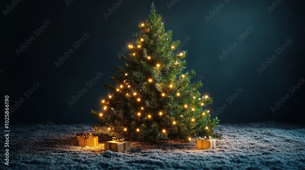 realistic 3d Christmas tree, in a dark background, shining lights