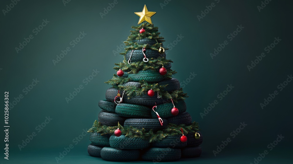 realistic photo A creative Christmas tree designed using tires as the main elements for a tire shop. The tree is built from stacked tires
