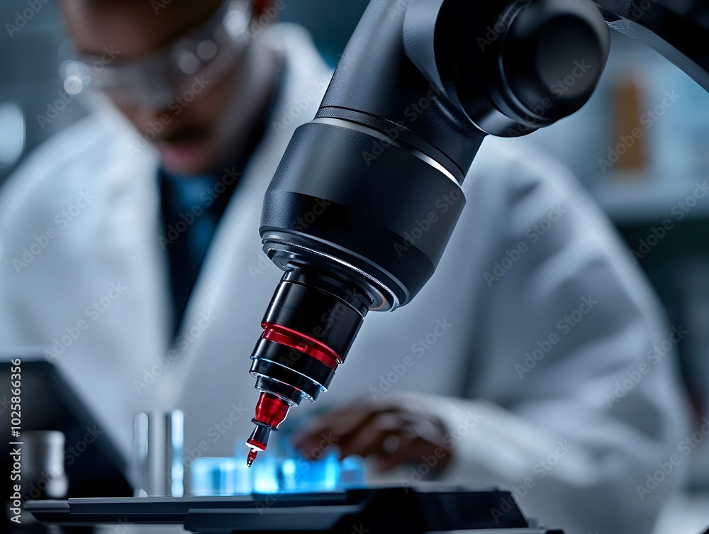 Close-up of a robotic arm in a lab setting with a scientist in the background. Close-up of a robotic arm in a lab setting with a scientist in the background.