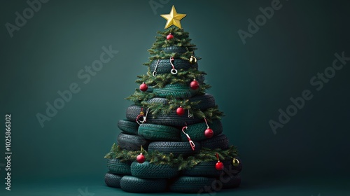 realistic photo A creative Christmas tree designed using tires as the main elements for a tire shop. The tree is built from stacked tires photo