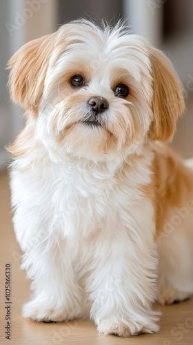  A small dog, white and brown, sits on a hardwood floor near a matching white and brown wall