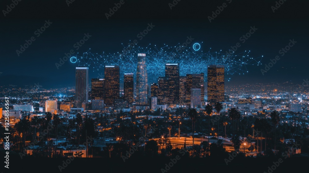 Obraz premium Nighttime Cityscape with Abstract Network Overlay