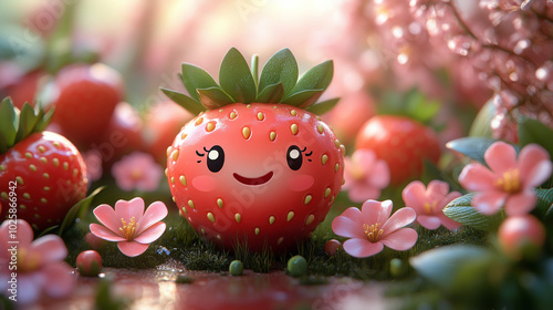 Cute Happy Smiling Strawberry and Kawaii Flower 3D Illustration