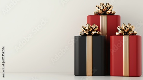 Red and black Christmas gift boxes with golden ribbons, 3D illustration