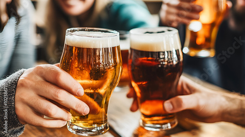 Group of friends drinking beer at brewery pub restaurant - Happy people enjoying happy hour sitting at bar table - Close-up image of brew glasses - Food and beverage lifestyle concept.