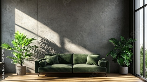 Fototapeta Naklejka Na Ścianę i Meble -  A green sofa set against a grey wall in a minimalist living room, highlighting contemporary design elements.