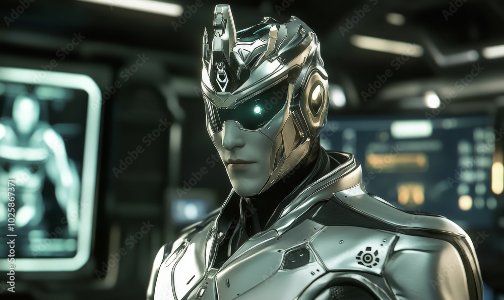 Metallic humanoid robot with green eye.