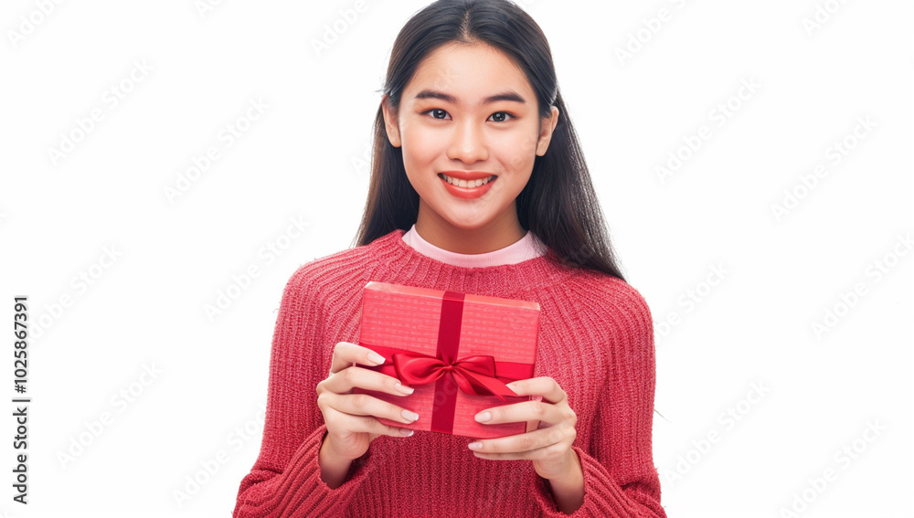 A cheerful woman wearing a red sweater holds a wrapped gift box with a ribbon, expressing joy and celebration against a white background.
A cheerful woman wearing a red sweater holds a wrapped gift box with a ribbon, expressing joy and celebration against a white background.