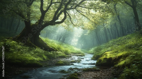 A Mystical Forest Stream with a Large Tree in the Foreground