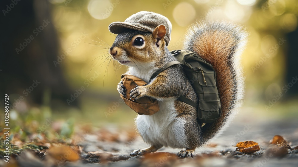 Squirrel, carrying a backpack, wearing a hat, going on an adventure