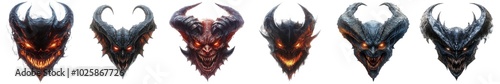 Fiery demon heads with glowing eyes and horns isolated on white background