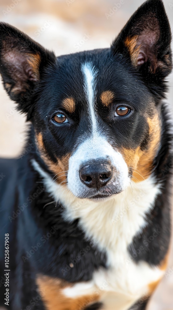  A serious-looking black and brown dog with a white marking on its face gazes into the camera