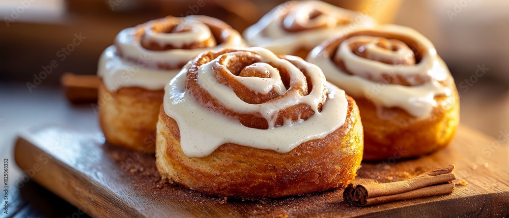 Cinnamon rolls with icing on a cutting board Cinnamon sticks alongside for garnish