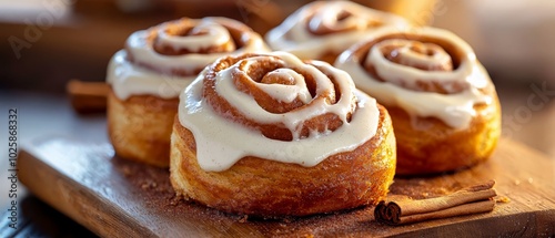 Obraz na płótnie Cinnamon rolls with icing on a cutting board Cinnamon sticks alongside for garnish w salonie