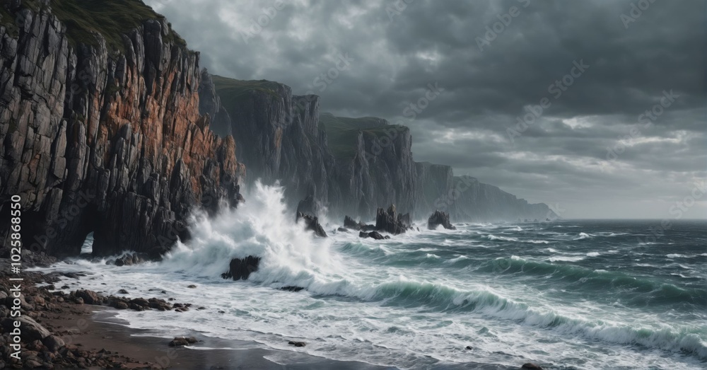 Rocky coastline with crashing waves, dramatic cliffs, sea spray in the air Rocky coastline with crashing waves, dramatic cliffs, sea spray in the air
